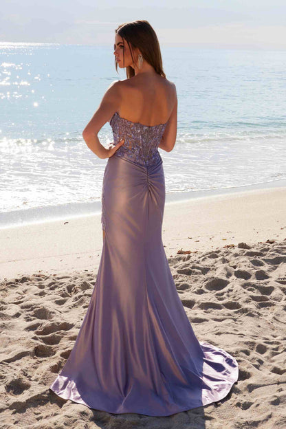 Nox Anabel E1527 Satin Sheer Boned Applique with High Slit Dress by DiscountDressShop