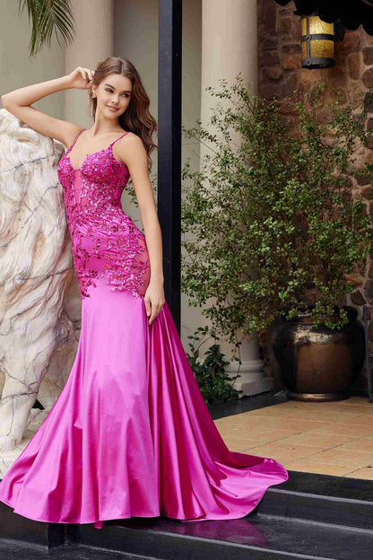 Nox Anabel E1532 Satin Sequin Applique Boned Waist Mermaid Dress by DiscountDressShop