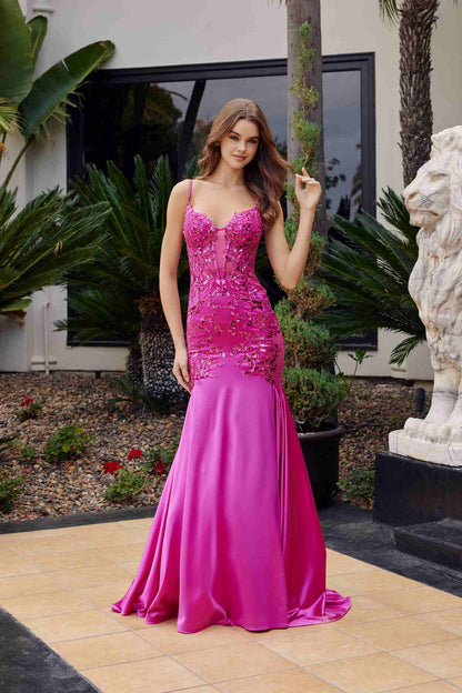 Nox Anabel E1532 Satin Sequin Applique Boned Waist Mermaid Dress by DiscountDressShop