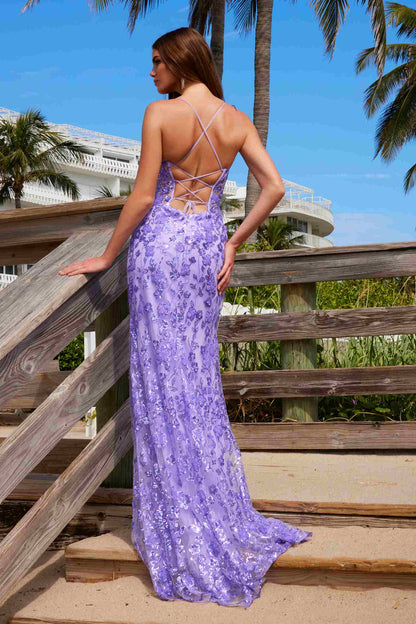 Nox Anabel E1710 Long Dress Fully Beaded Flower Design Sequin Applique A Slit by DiscountDressShop