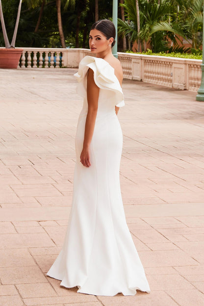Nox Anabel E467W Long Sheath One Shoulder Ruffle Overlay Strap Gown by DiscountDressShop