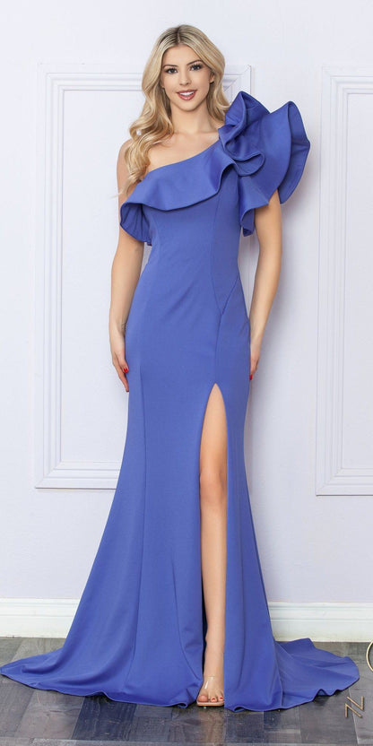 Nox Anabel E467 Long Sheath One Shoulder Ruffle Overlay Strap Gown by DiscountDressShop
