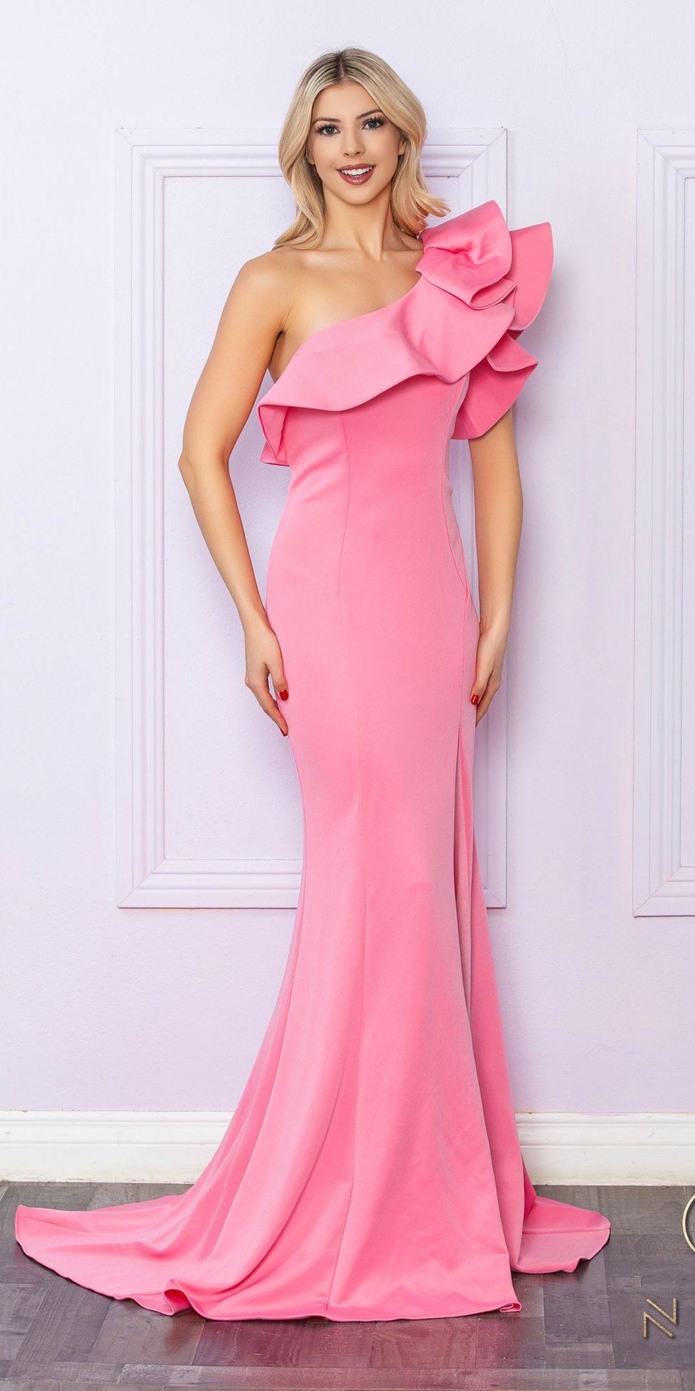 Nox Anabel E467 Long Sheath One Shoulder Ruffle Overlay Strap Gown by DiscountDressShop