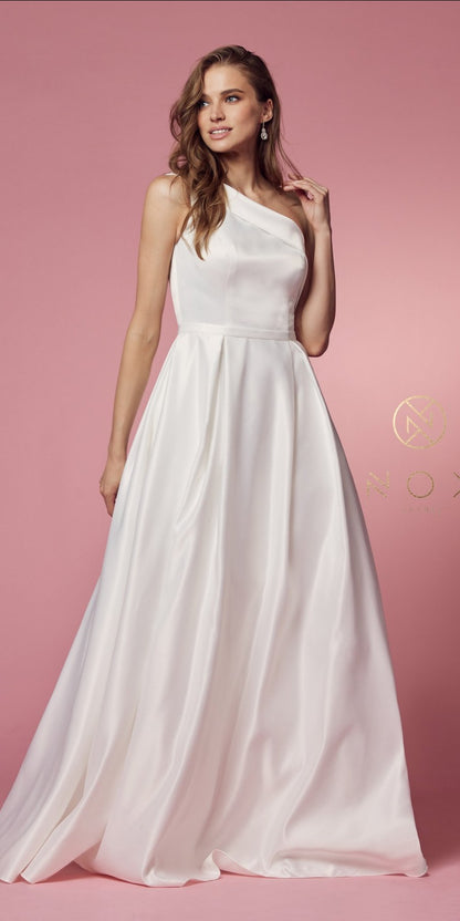 Nox Anabel E469 Elegant One Shoulder Long Satin A-Line Dress by DiscountDressShop