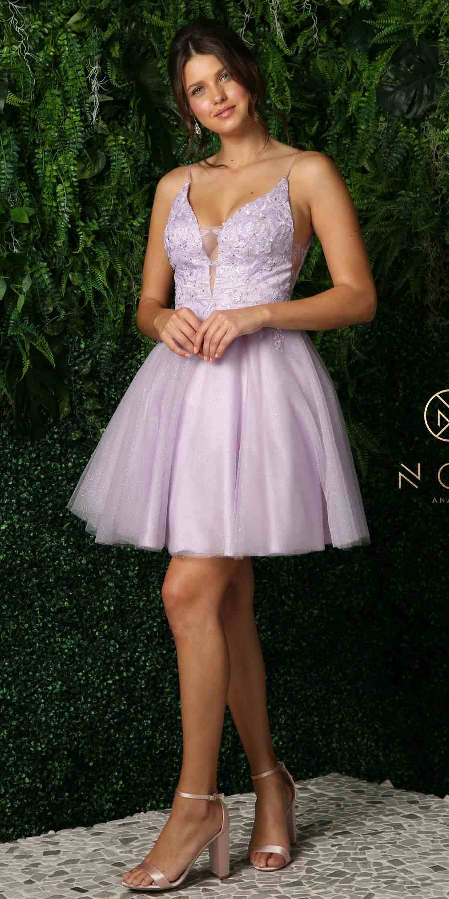 Nox Anabel E779 Plunging V-Neck Embroidered Bodice Short Dress by DiscountDressShop