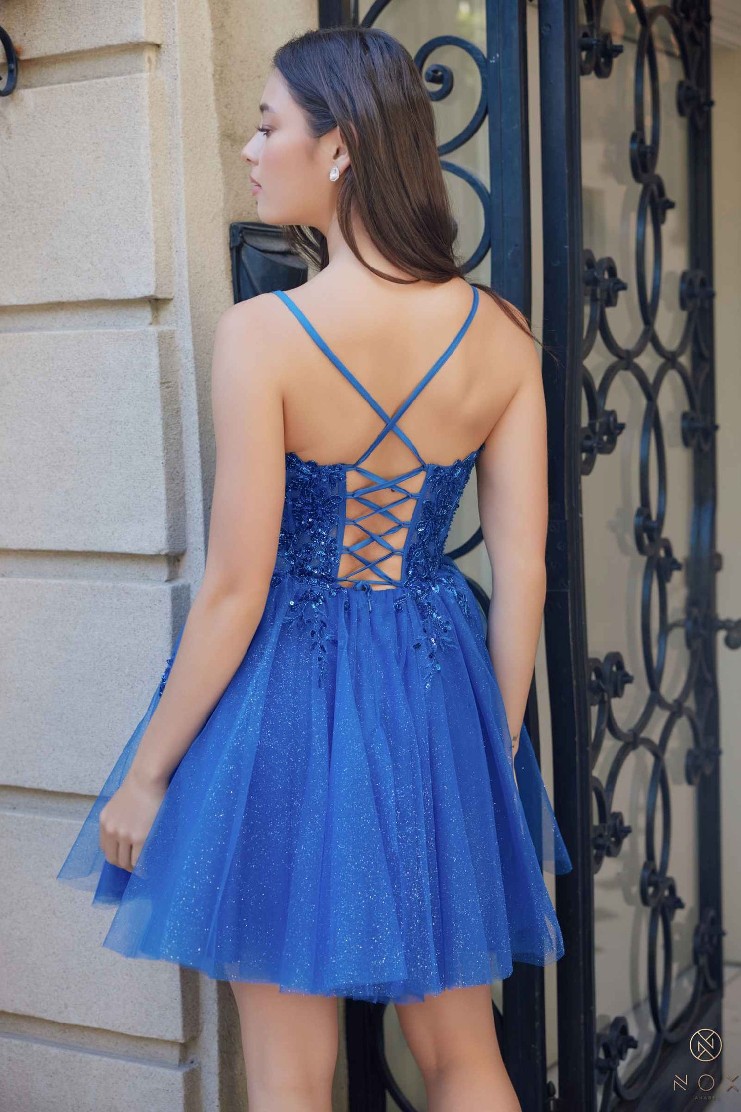 Nox Anabel E902 Short A-Line Applique Sleeveless Homecoming Dress by DiscountDressShop