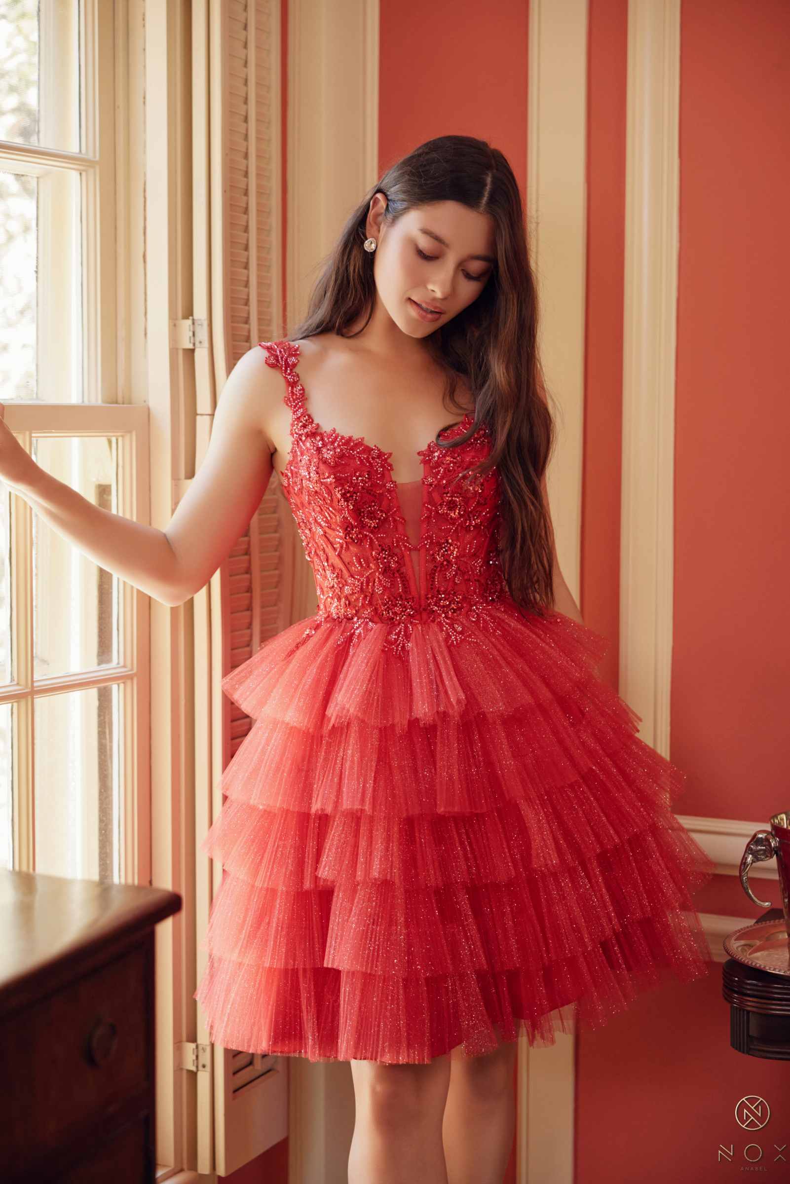 Nox Anabel E904 Short Tiered Ruffled A-Line Gown by DiscountDressShop