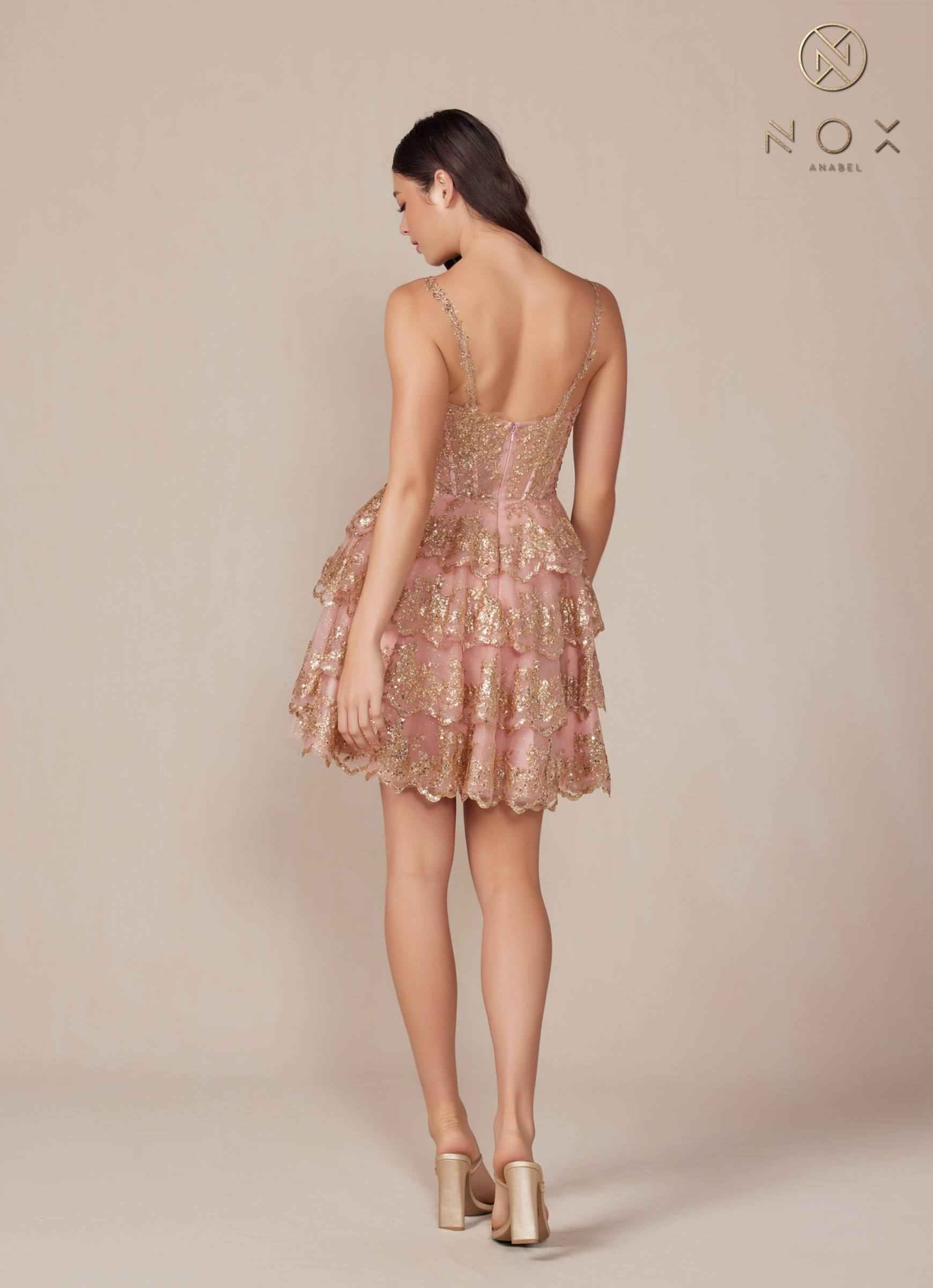 CLEARANCE - Nox Anabel E914 Short Applique Tiered A-Line Rose Gold Dress (Size 6, 12) by DiscountDressShop