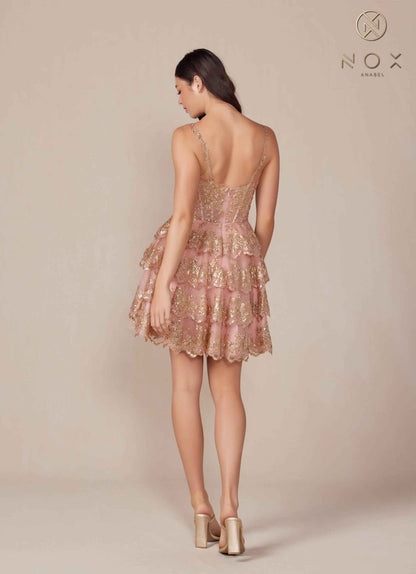 CLEARANCE - Nox Anabel E914 Short Applique Tiered A-Line Rose Gold Dress (Size 6, 12) by DiscountDressShop