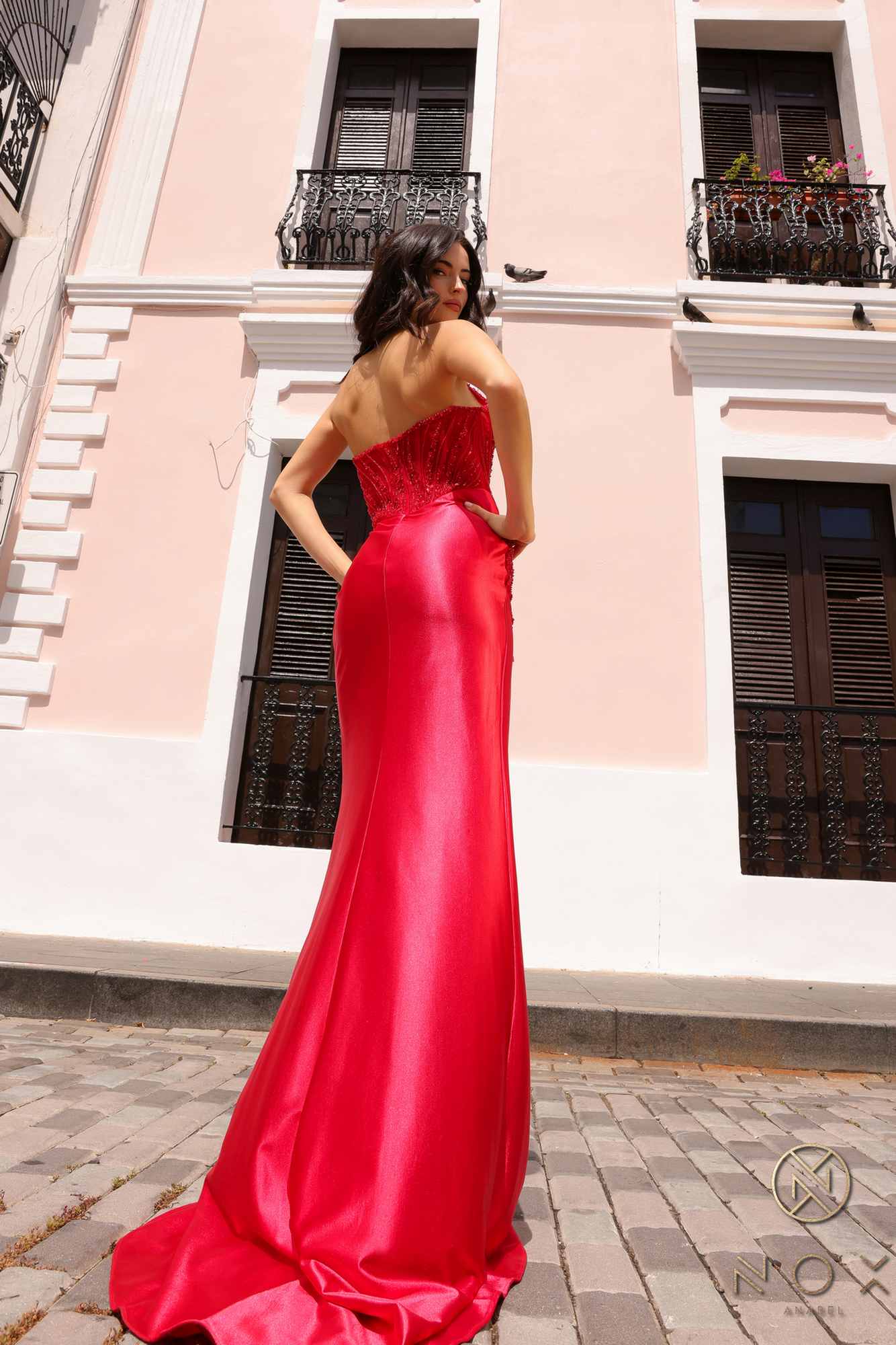 Nox Anabel F1466 Long Strapless Beaded and Sequin Bodice Satin Gown by DiscountDressShop