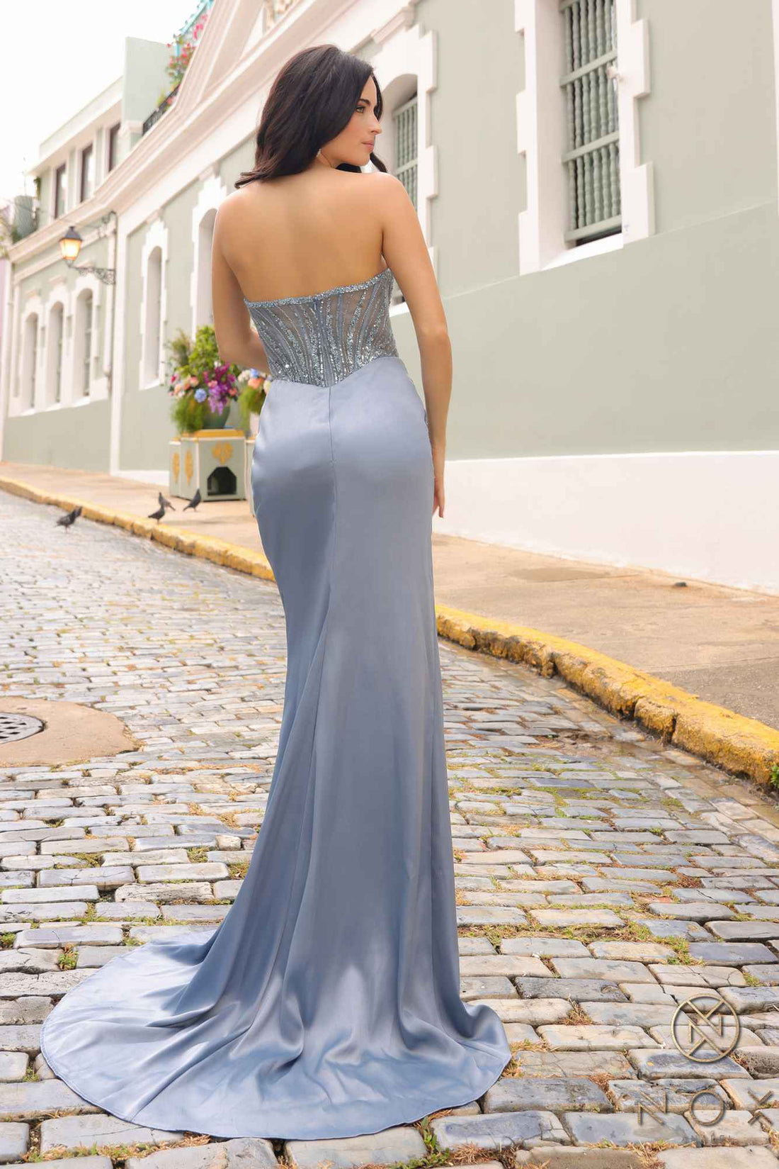 Nox Anabel F1466 Long Strapless Beaded and Sequin Bodice Satin Gown by DiscountDressShop