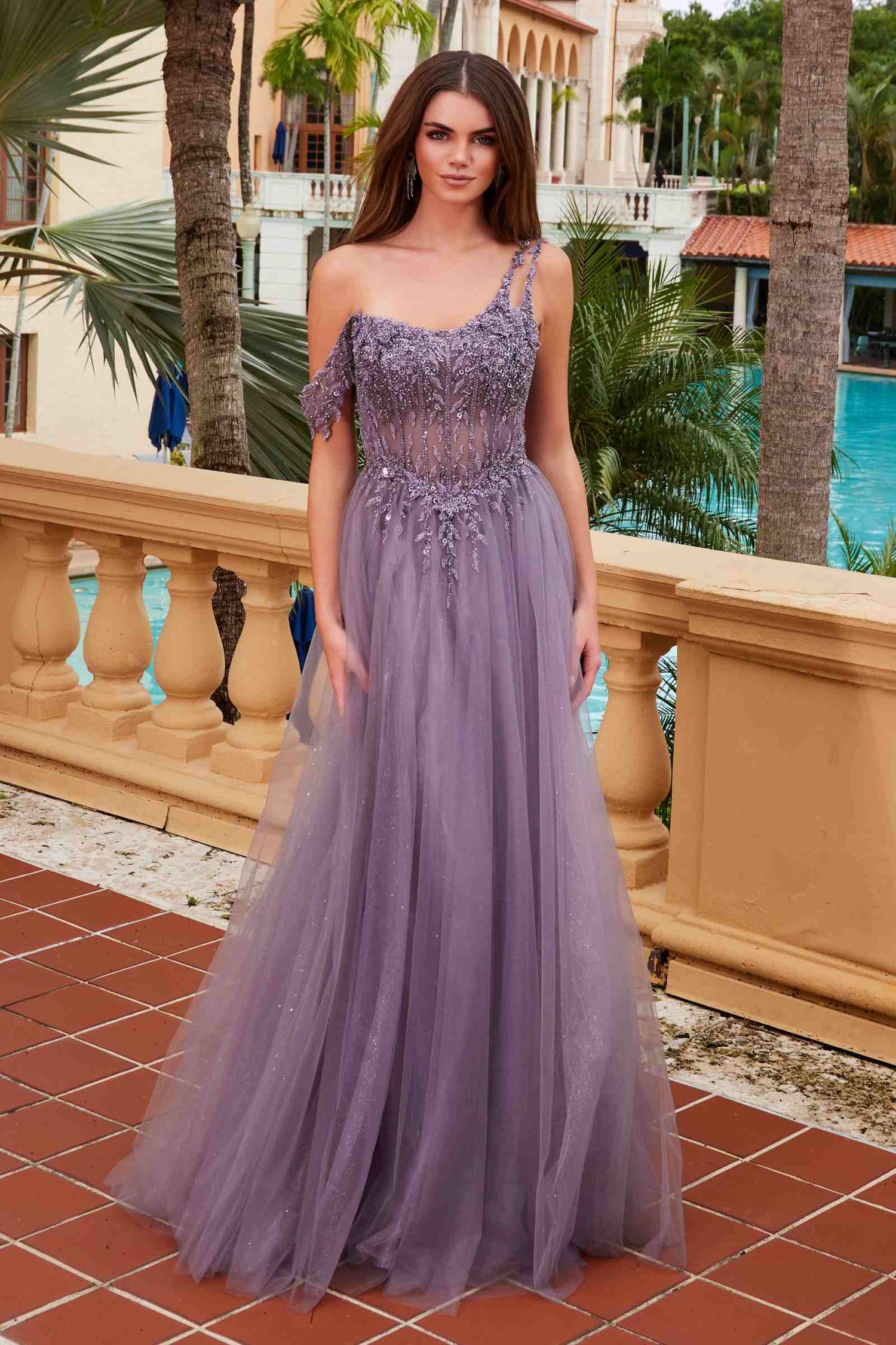 Nox Anabel F1567 Embroidered A-Line Sheer Boned Waistline Dress by DiscountDressShop