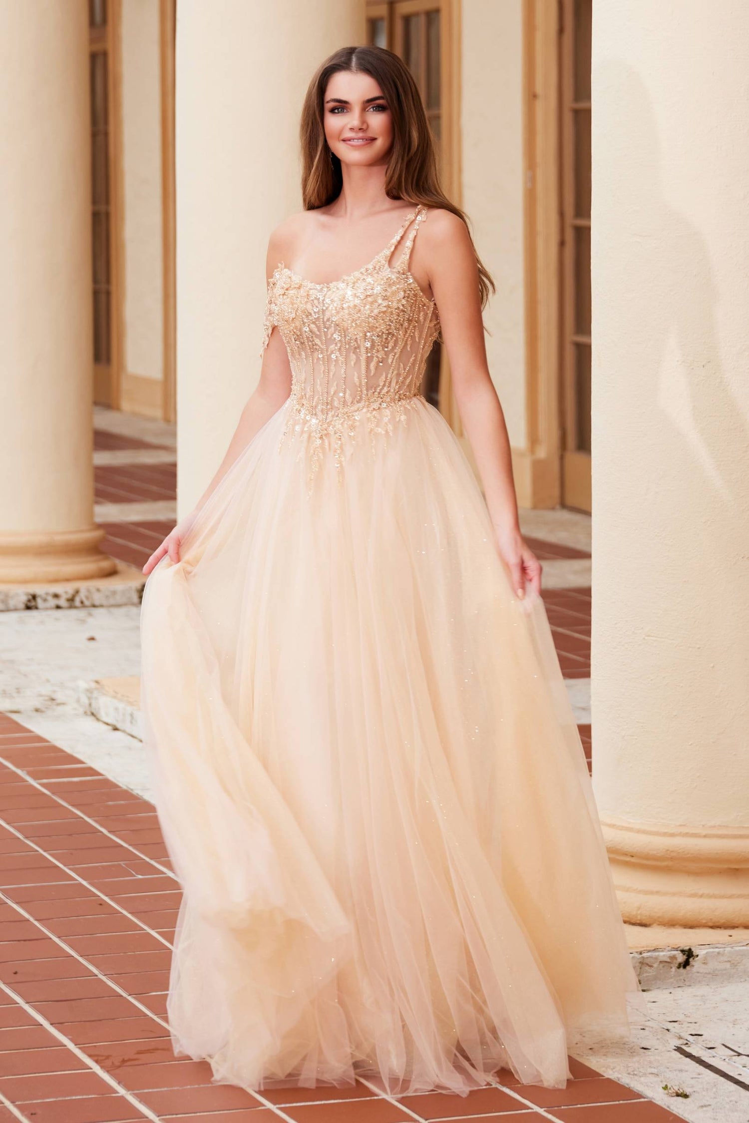 Nox Anabel F1567 Embroidered A-Line Sheer Boned Waistline Dress by DiscountDressShop