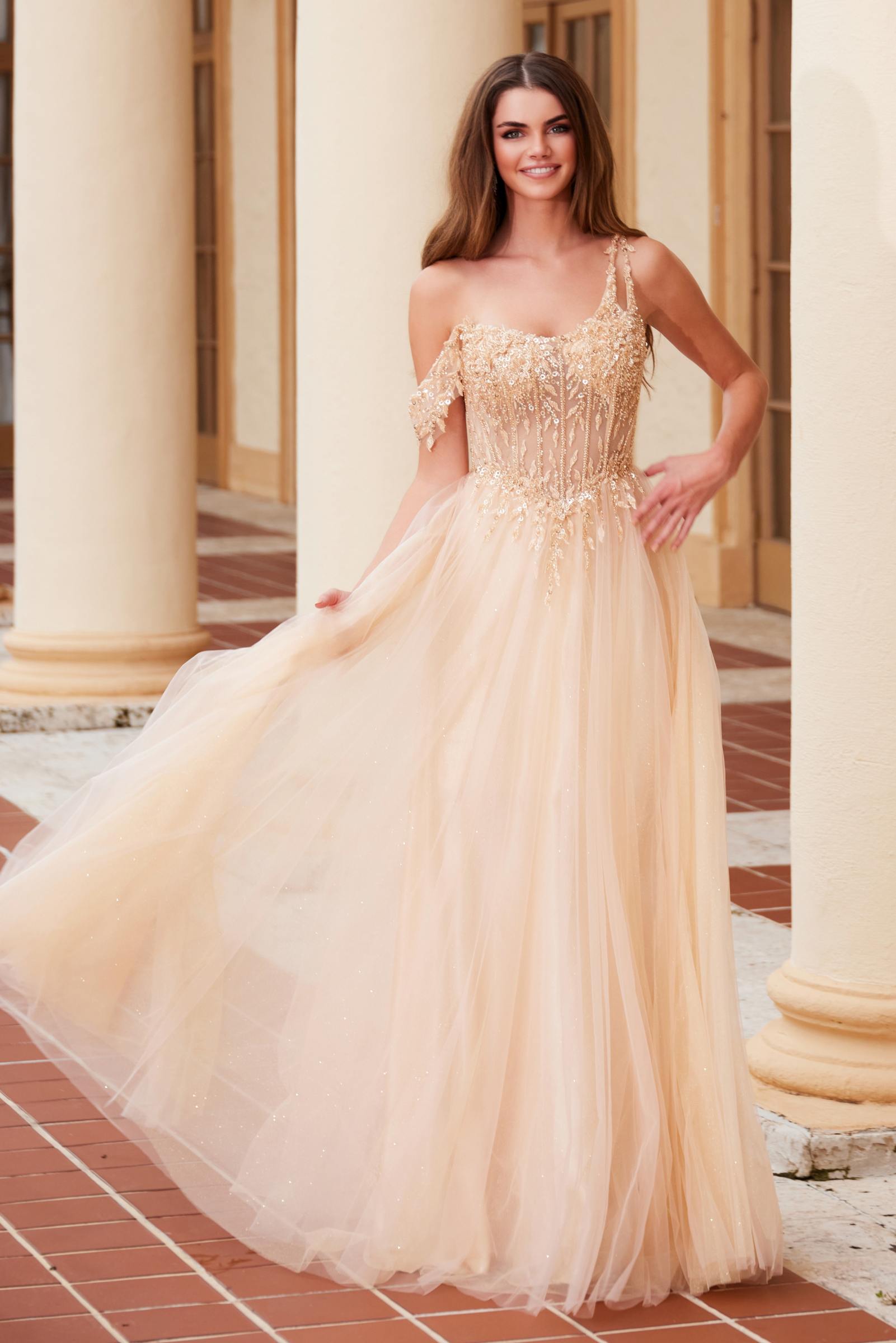 Nox Anabel F1567 Embroidered A-Line Sheer Boned Waistline Dress by DiscountDressShop