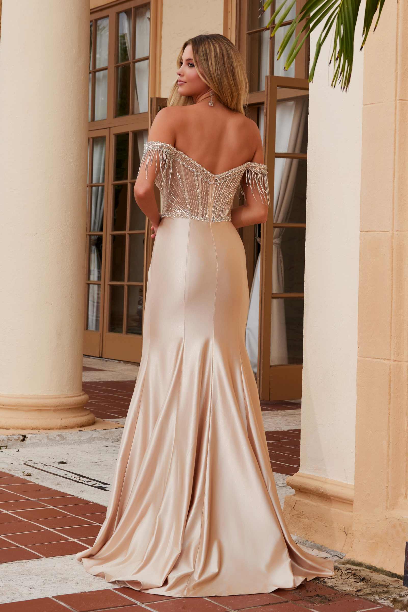 Nox Anabel F1568 Satin Beaded Off-Shoulder Boned Waistline Dress by DiscountDressShop