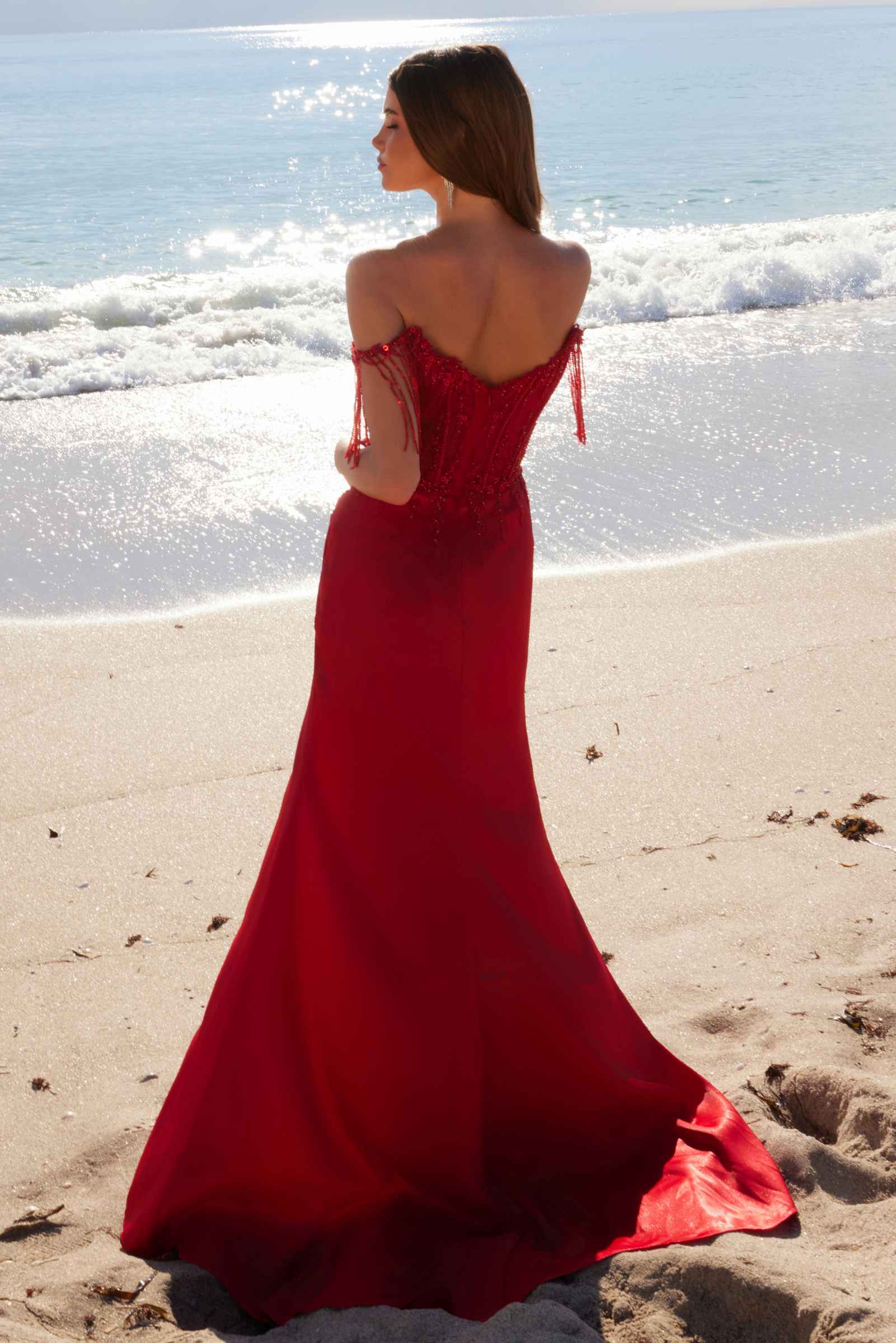 Nox Anabel F1571 Fringed Off-Shoulder Sequin Sweetheart Neckline Dress by DiscountDressShop