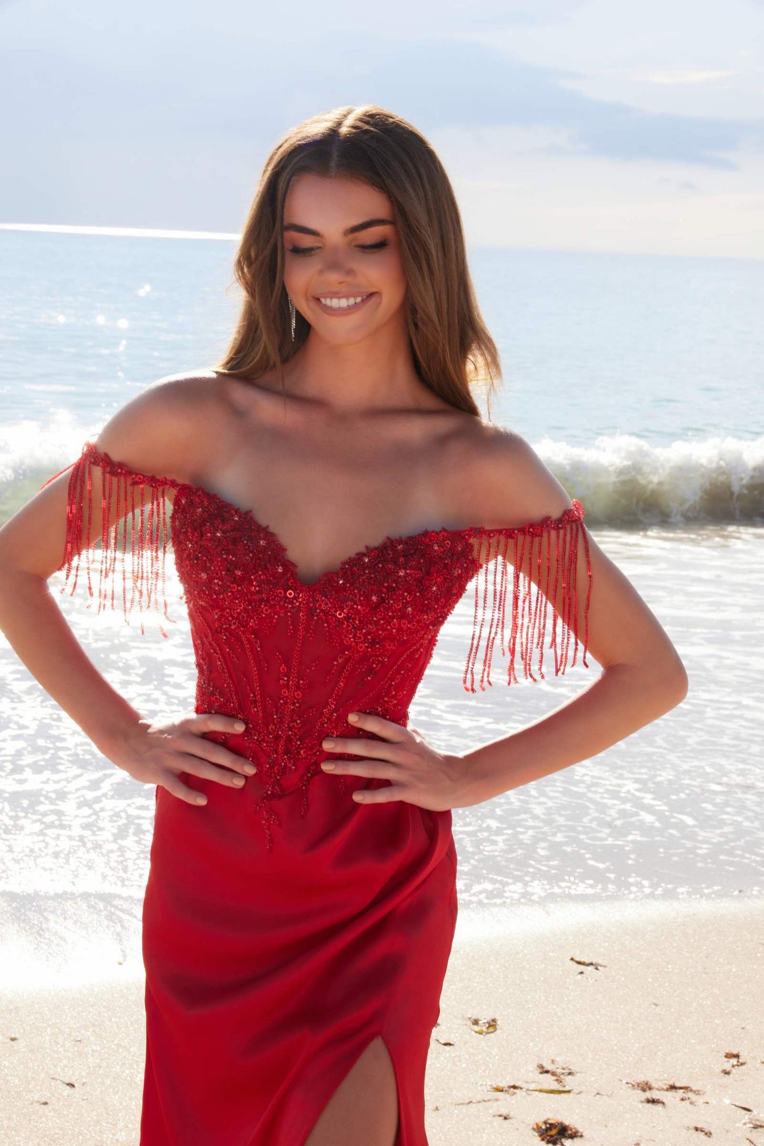 Nox Anabel F1571 Fringed Off-Shoulder Sequin Sweetheart Neckline Dress by DiscountDressShop