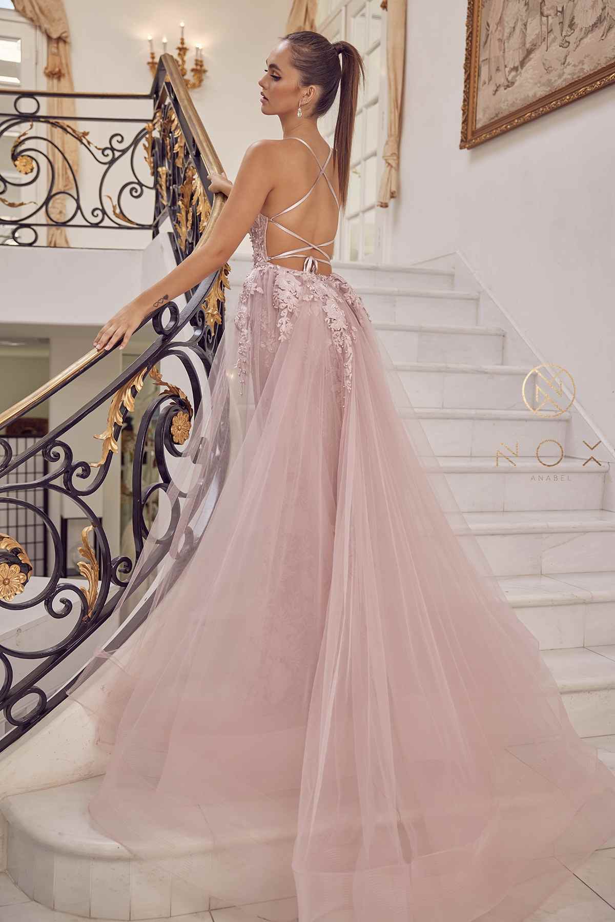 Nox Anabel F485 Lace and Beads Mermaid Gown Chiffon Overskirt by DiscountDressShop