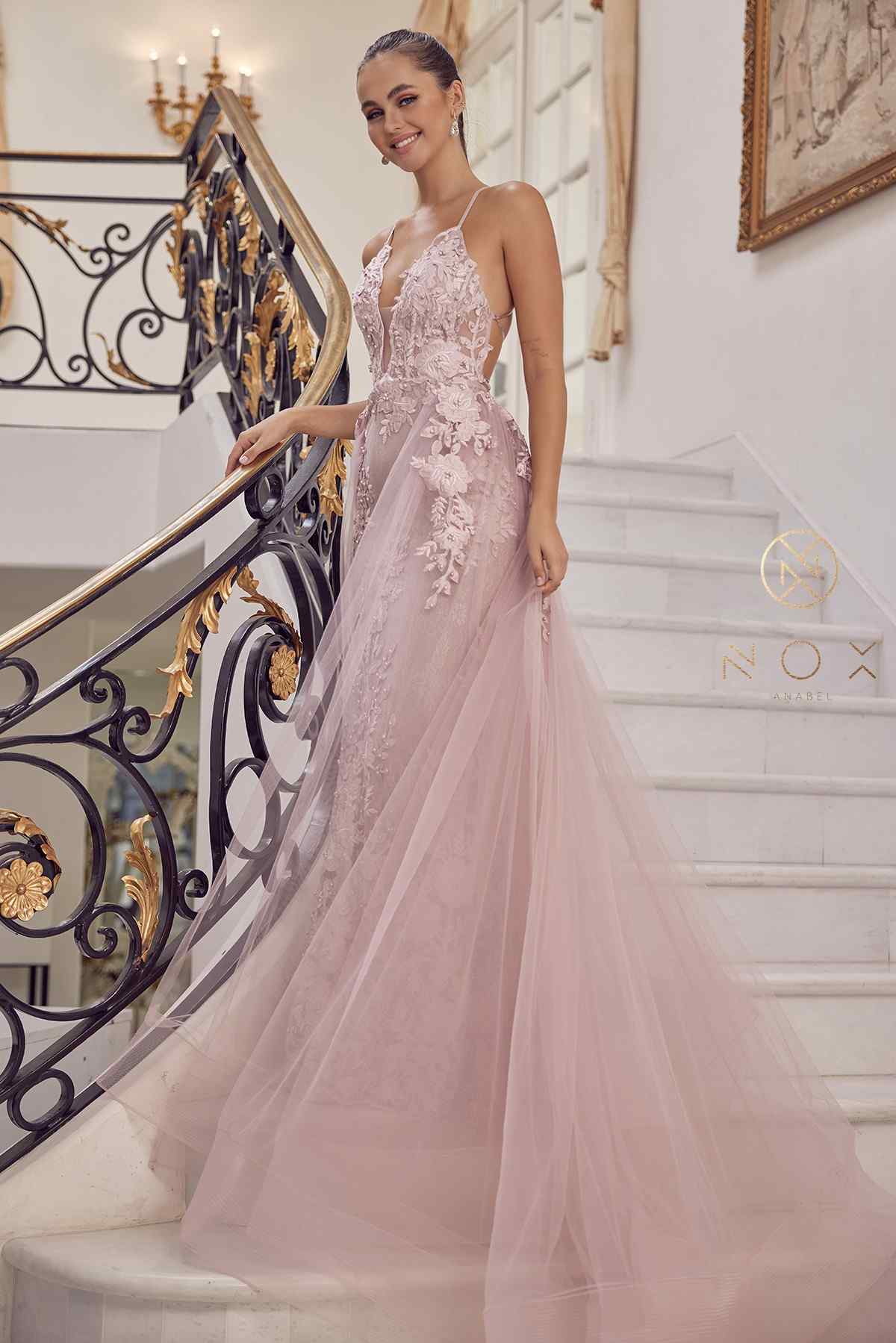 Nox Anabel F485 Lace and Beads Mermaid Gown Chiffon Overskirt by DiscountDressShop