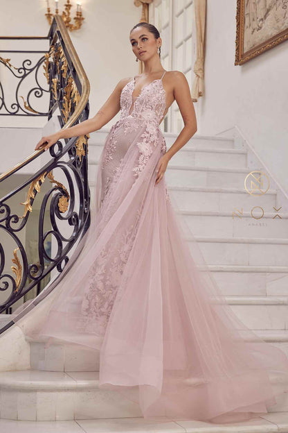 Nox Anabel F485 Lace and Beads Mermaid Gown Chiffon Overskirt by DiscountDressShop