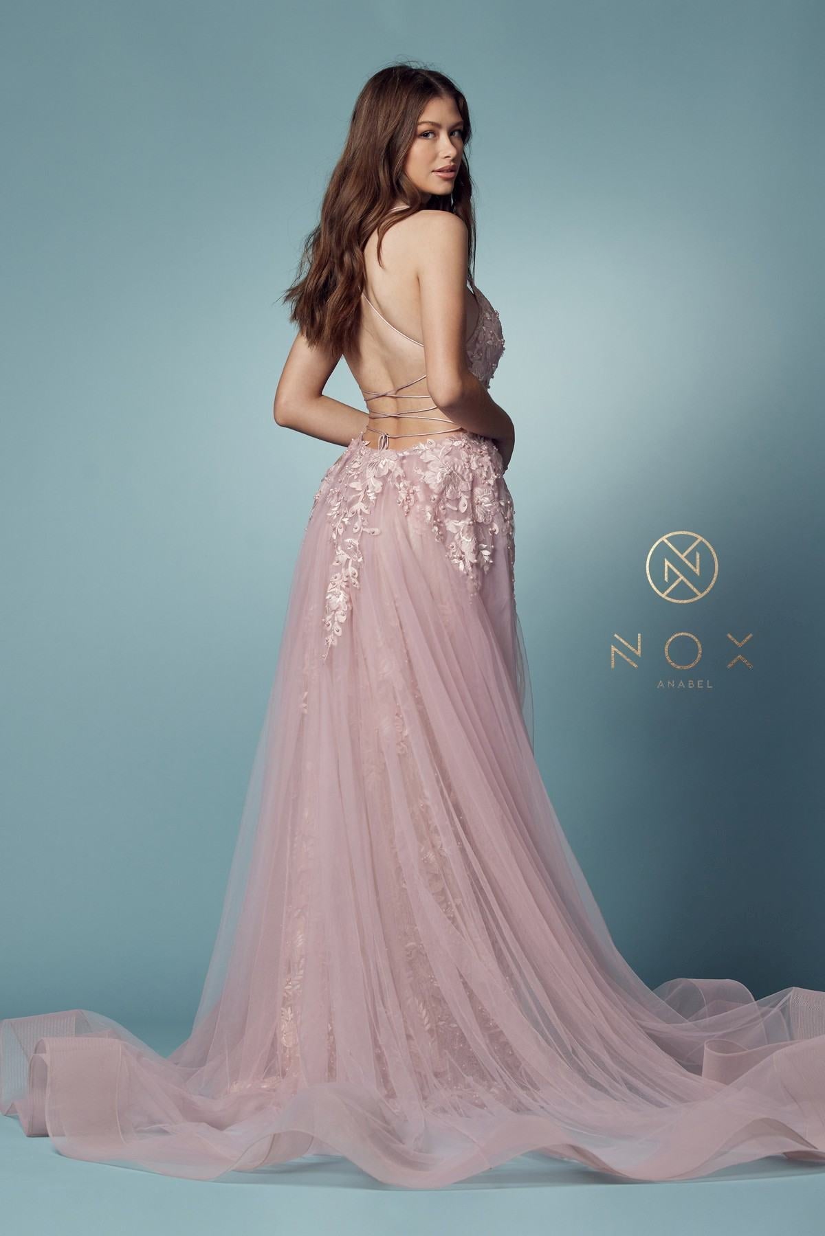 Nox Anabel F485 Lace and Beads Mermaid Gown Chiffon Overskirt by DiscountDressShop