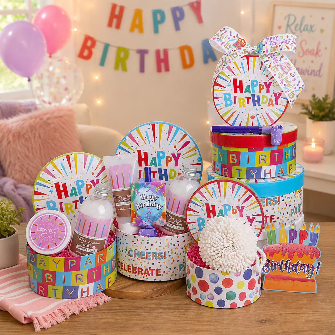 Happy Birthday Buttercream Spa Wishes Gift Tower by Alder Creek Gift Baskets