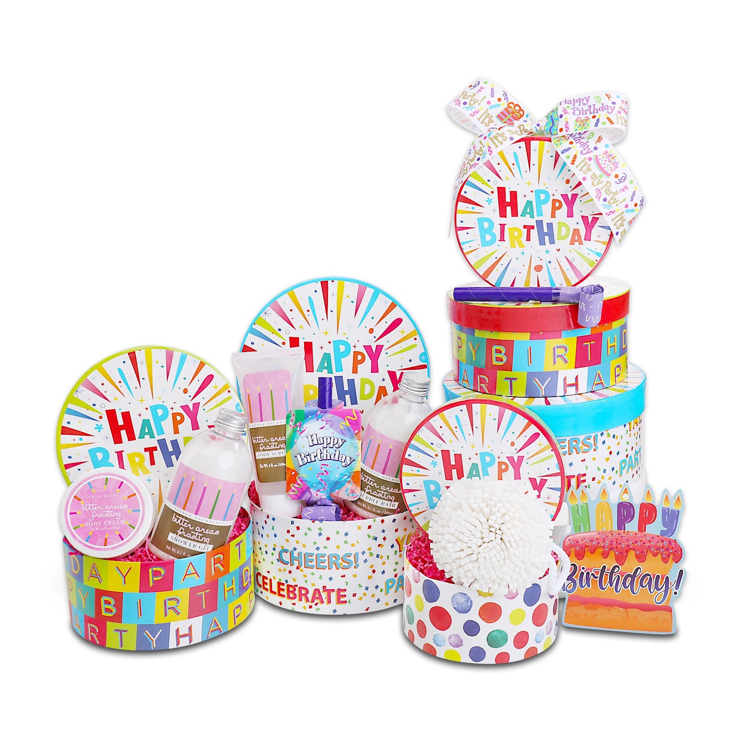 Happy Birthday Buttercream Spa Wishes Gift Tower by Alder Creek Gift Baskets