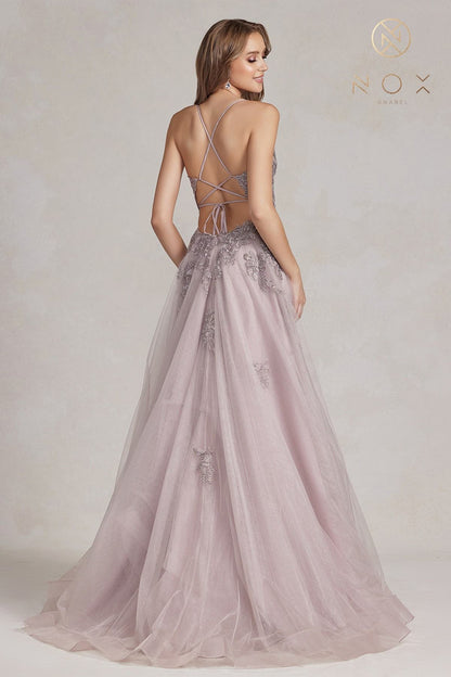 Nox Anabel G1149 Floor Length A-Line Tulle Gown with Slit by DiscountDressShop