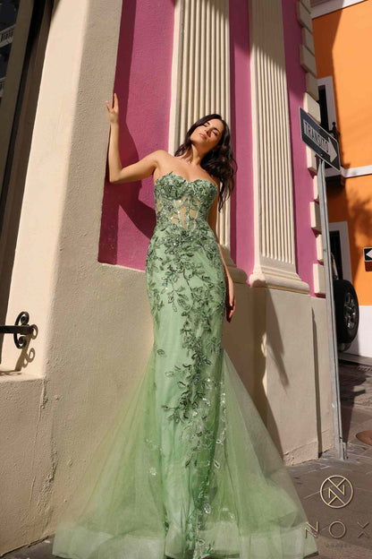 Nox Anabel G1258 Strapless Lace Applique Corset Bodice Mermaid Gown by DiscountDressShop
