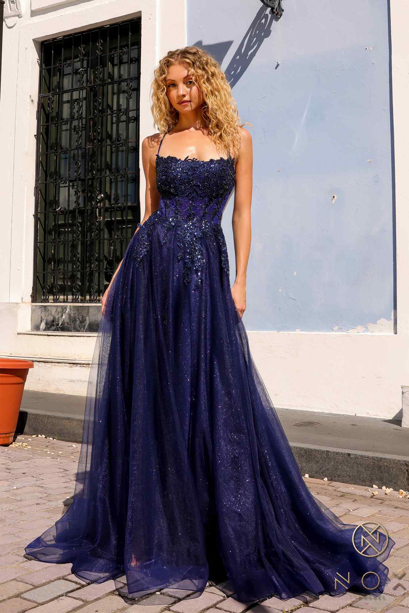 Nox Anabel G1405 Long A-Line Glitter Tulle Square Neck Open Back Ball Gown by DiscountDressShop