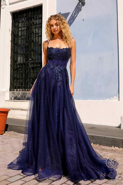 Nox Anabel G1405 Long A-Line Glitter Tulle Square Neck Open Back Ball Gown by DiscountDressShop