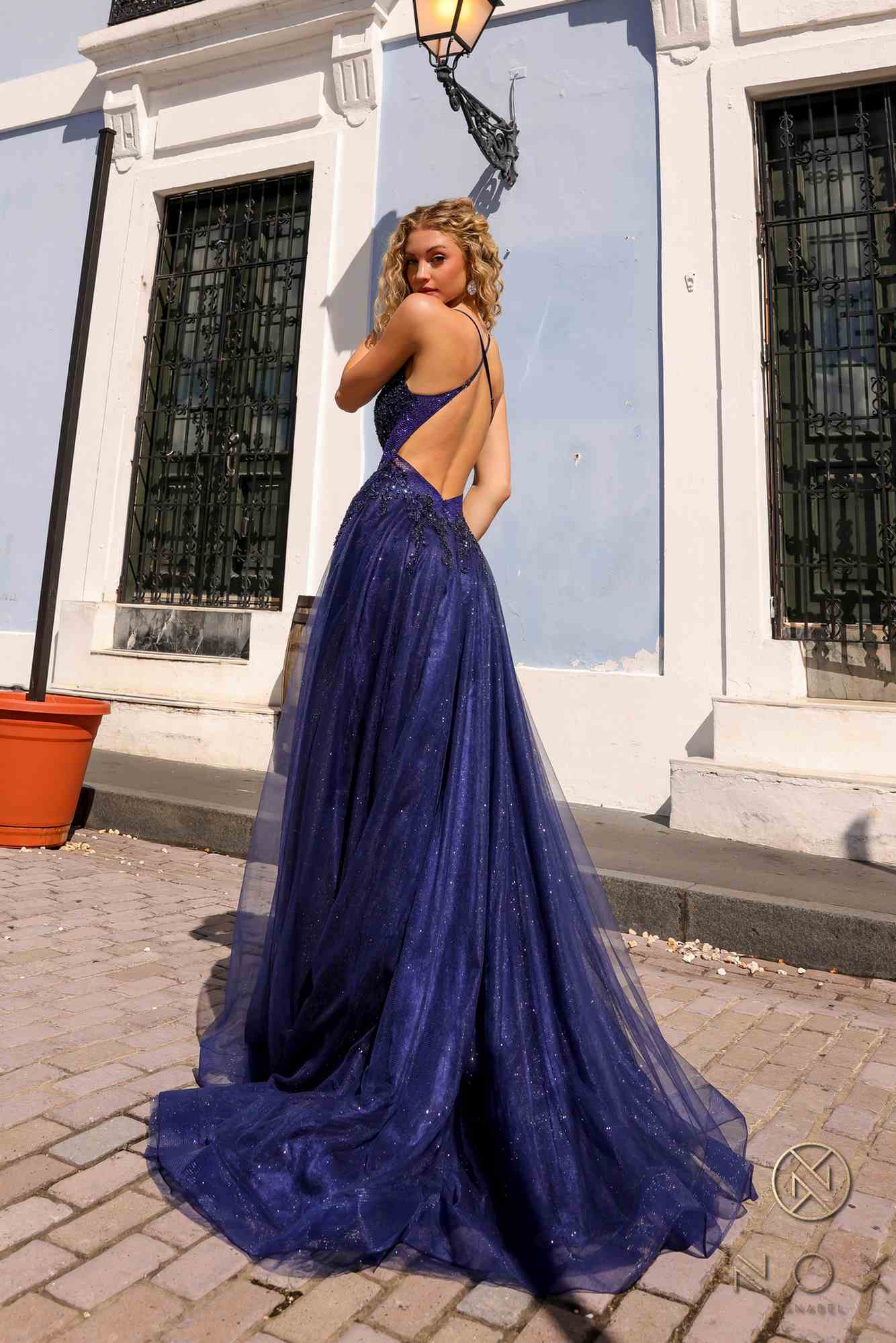 Nox Anabel G1405 Long A-Line Glitter Tulle Square Neck Open Back Ball Gown by DiscountDressShop