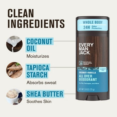 Every Man Jack All Over Solid Deodorant Coconut + Vanilla 2.6oz - New by This is Beauty US