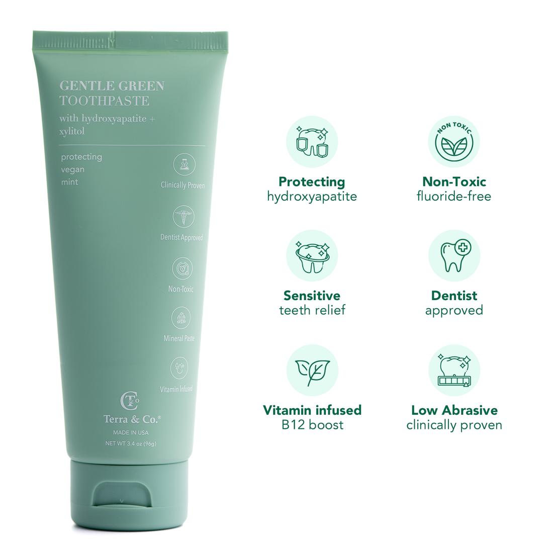 Gentle Green™ Sensitive Toothpaste with Hydroxyapatite &amp; B12 (Fluoride-Free, Natural Enamel Support &amp; Sensitive Teeth Relief) by Terra &amp; Co.
