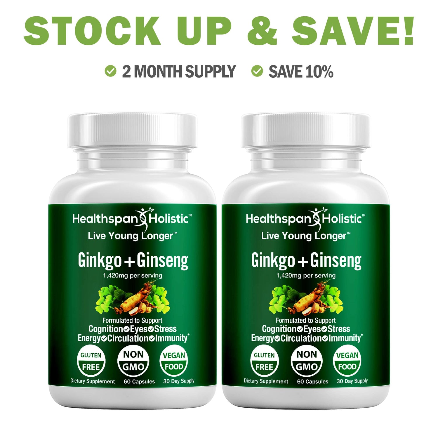 Ginkgo Biloba + Ginseng 60 Capsules by Healthspan Holistic