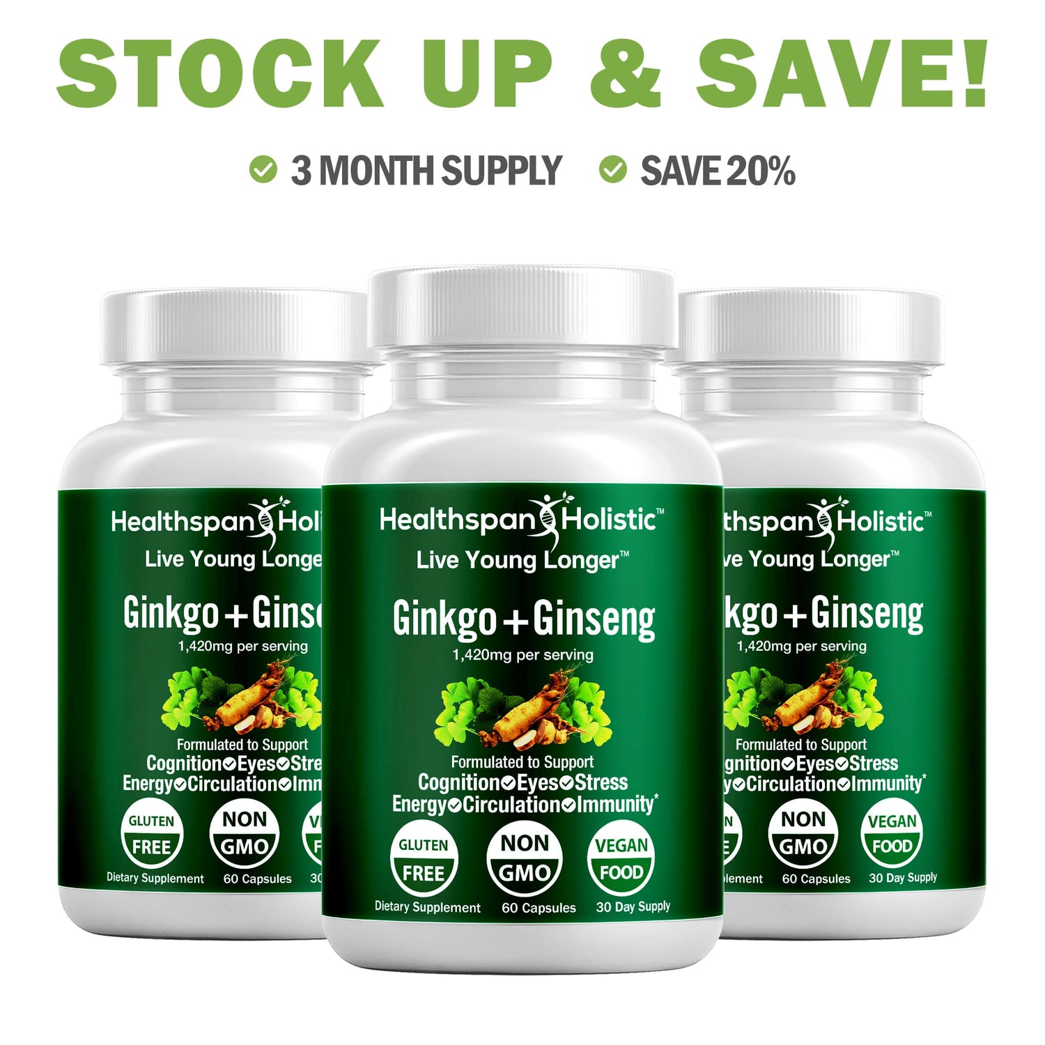 Ginkgo Biloba + Ginseng 60 Capsules by Healthspan Holistic