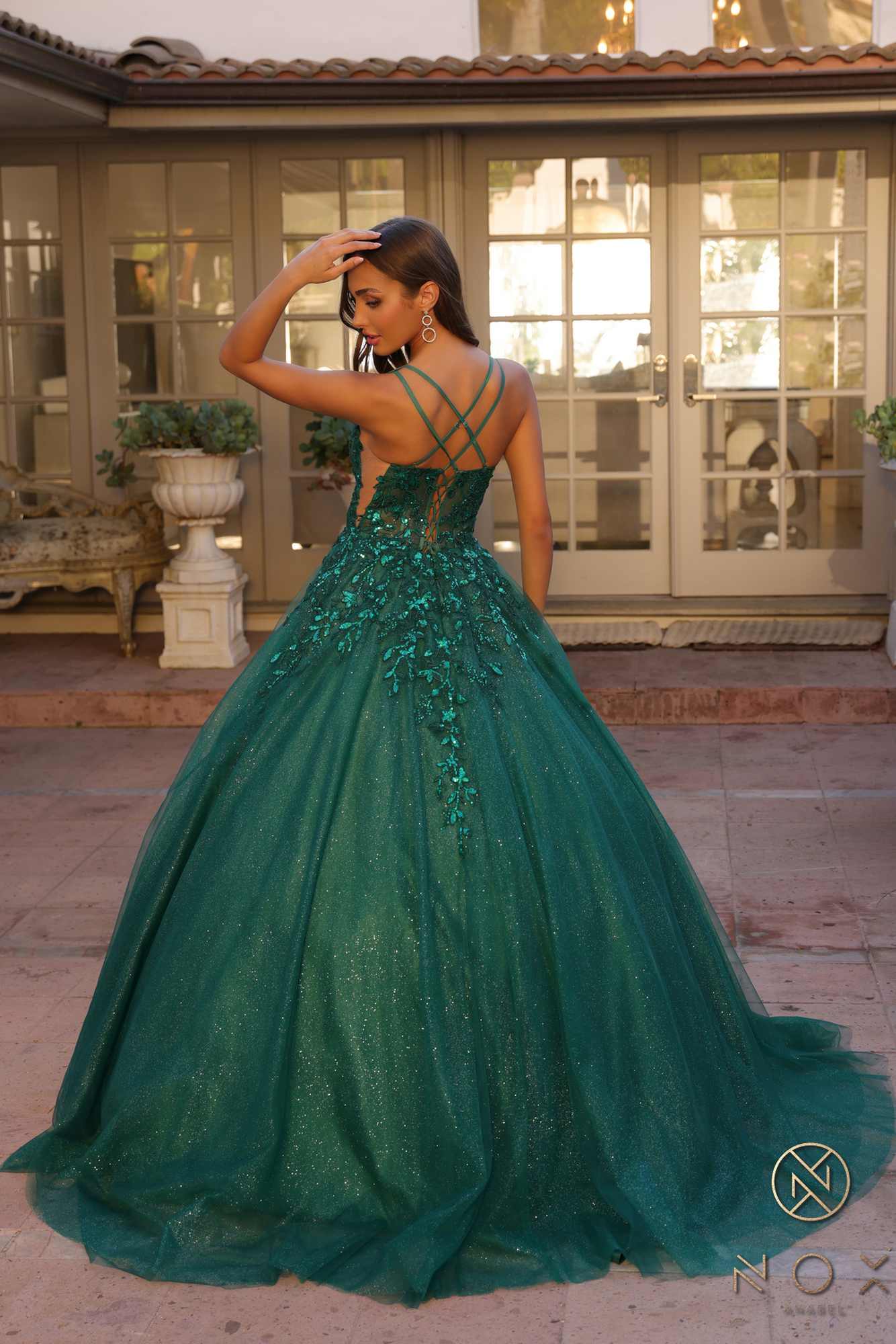 Nox Anabel H1271 Long Scoop Neckline Glitter Tulle A-Line Ballgown by DiscountDressShop