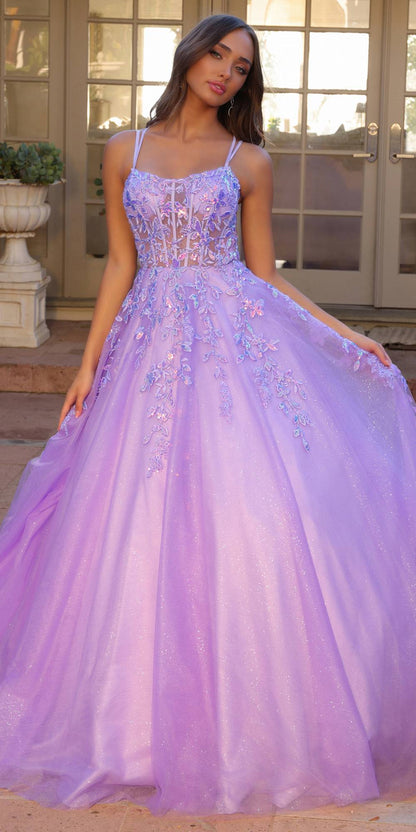 Nox Anabel H1271 Long Scoop Neckline Glitter Tulle A-Line Ballgown by DiscountDressShop