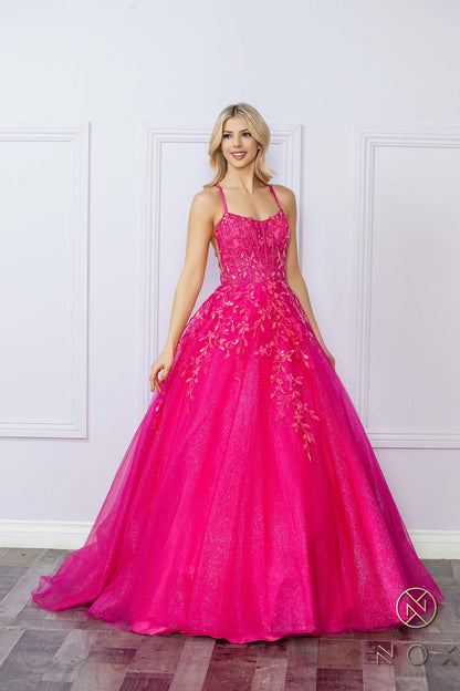 Nox Anabel H1271 Long Scoop Neckline Glitter Tulle A-Line Ballgown by DiscountDressShop