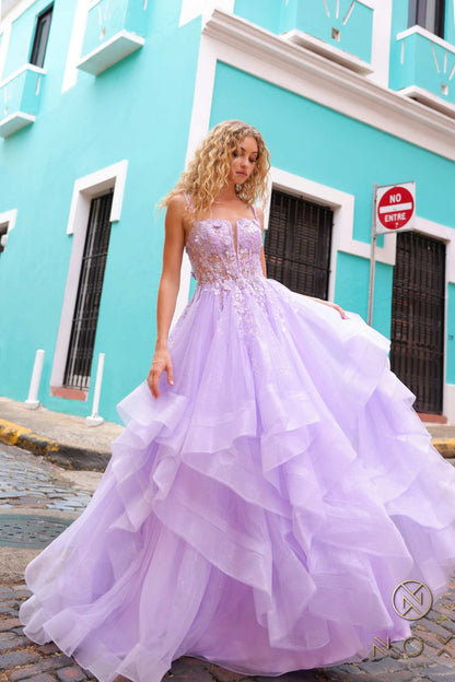 Nox Anabel H1351 Long A-Line Tiered Layered Ruffled Tulle Ballgown by DiscountDressShop