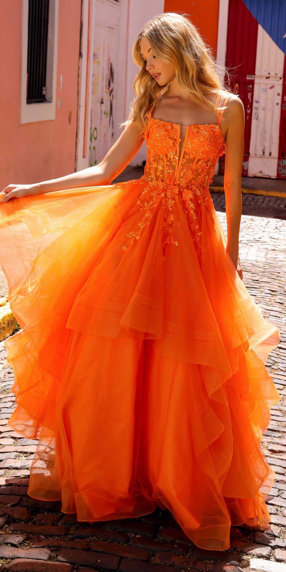 Nox Anabel H1351 Long A-Line Tiered Layered Ruffled Tulle Ballgown by DiscountDressShop