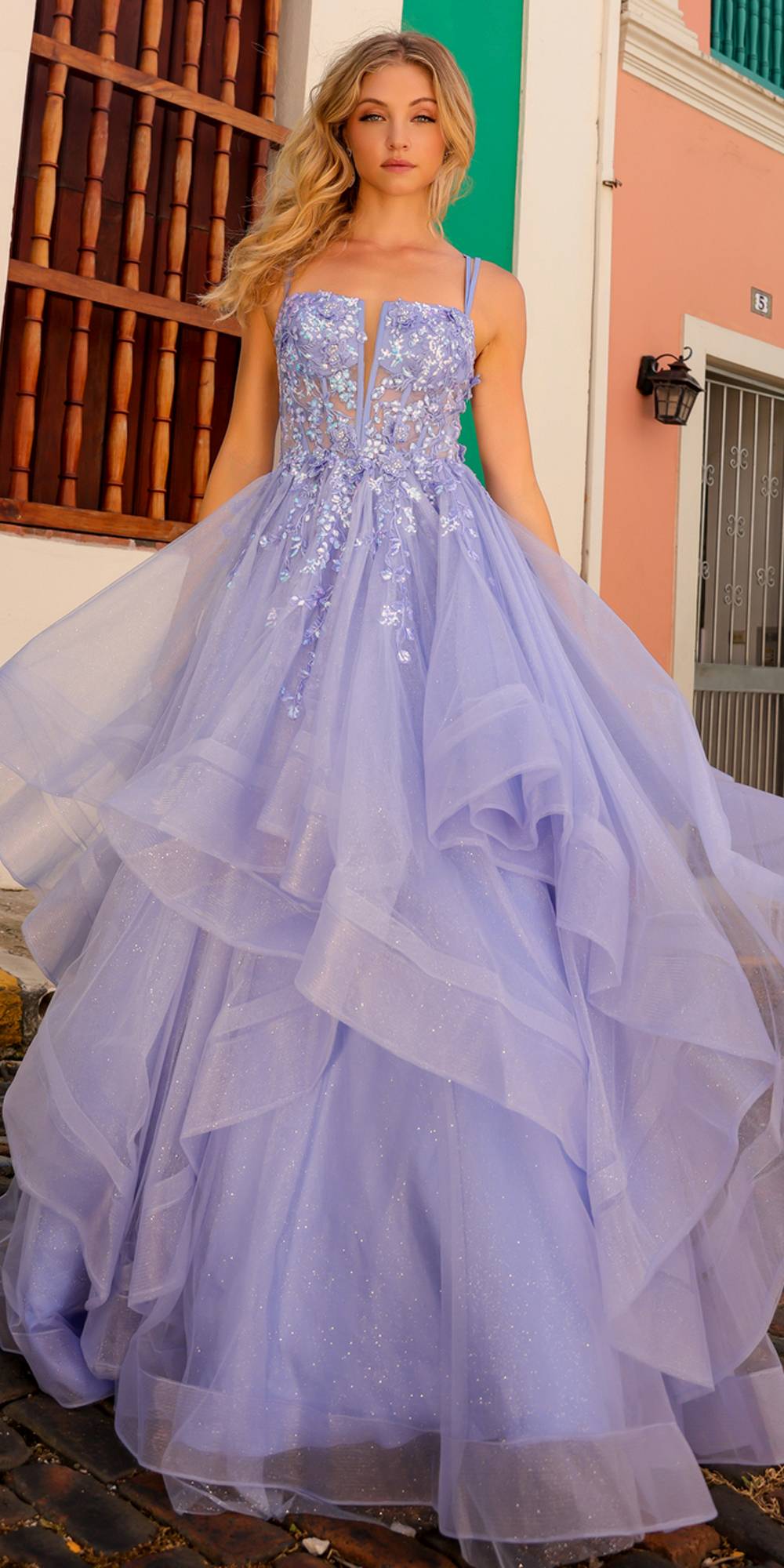 Nox Anabel H1351 Long A-Line Tiered Layered Ruffled Tulle Ballgown by DiscountDressShop