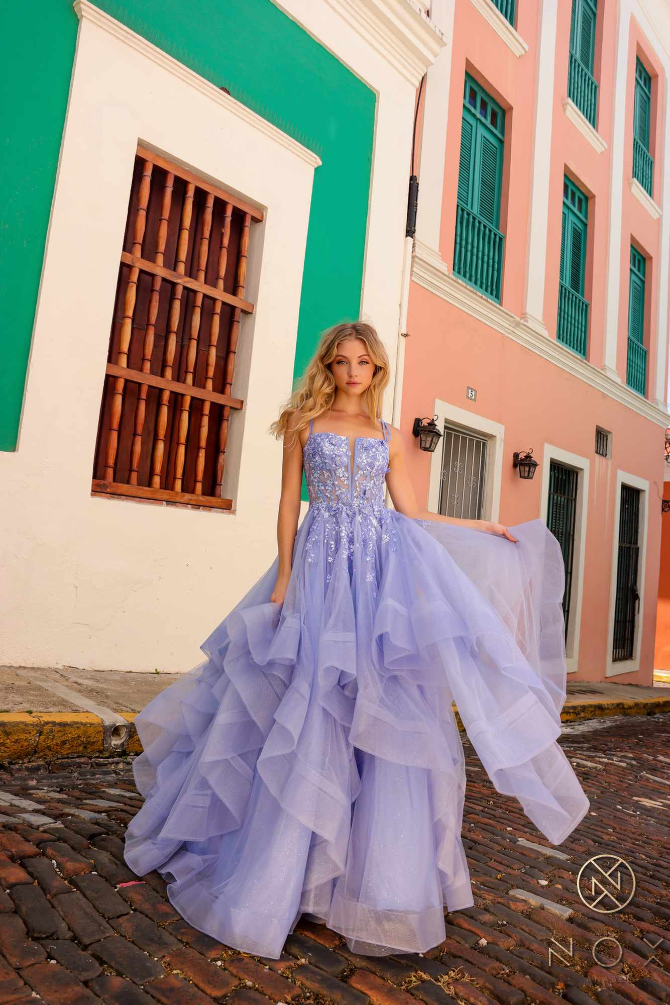 Nox Anabel H1351 Long A-Line Tiered Layered Ruffled Tulle Ballgown by DiscountDressShop