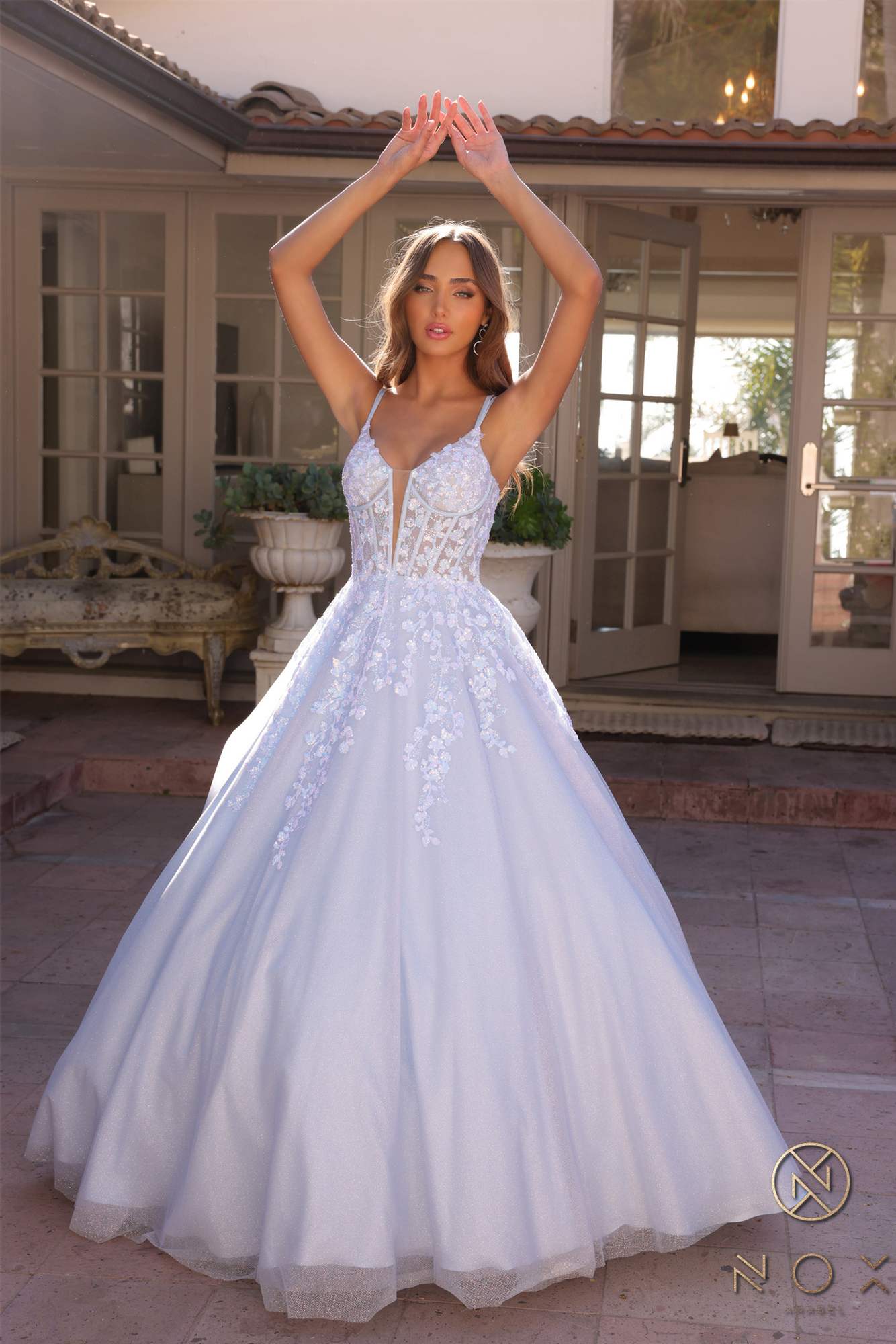 Nox Anabel H1357 Plunging Illusion Neckline Corset A-Line Ballgown by DiscountDressShop