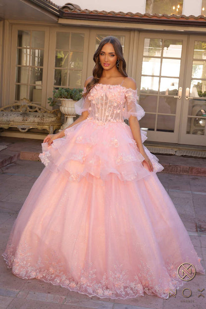 Nox Anabel H1360 Off the Shoulder 3D Floral A-Line Gown Removable Skirt by DiscountDressShop