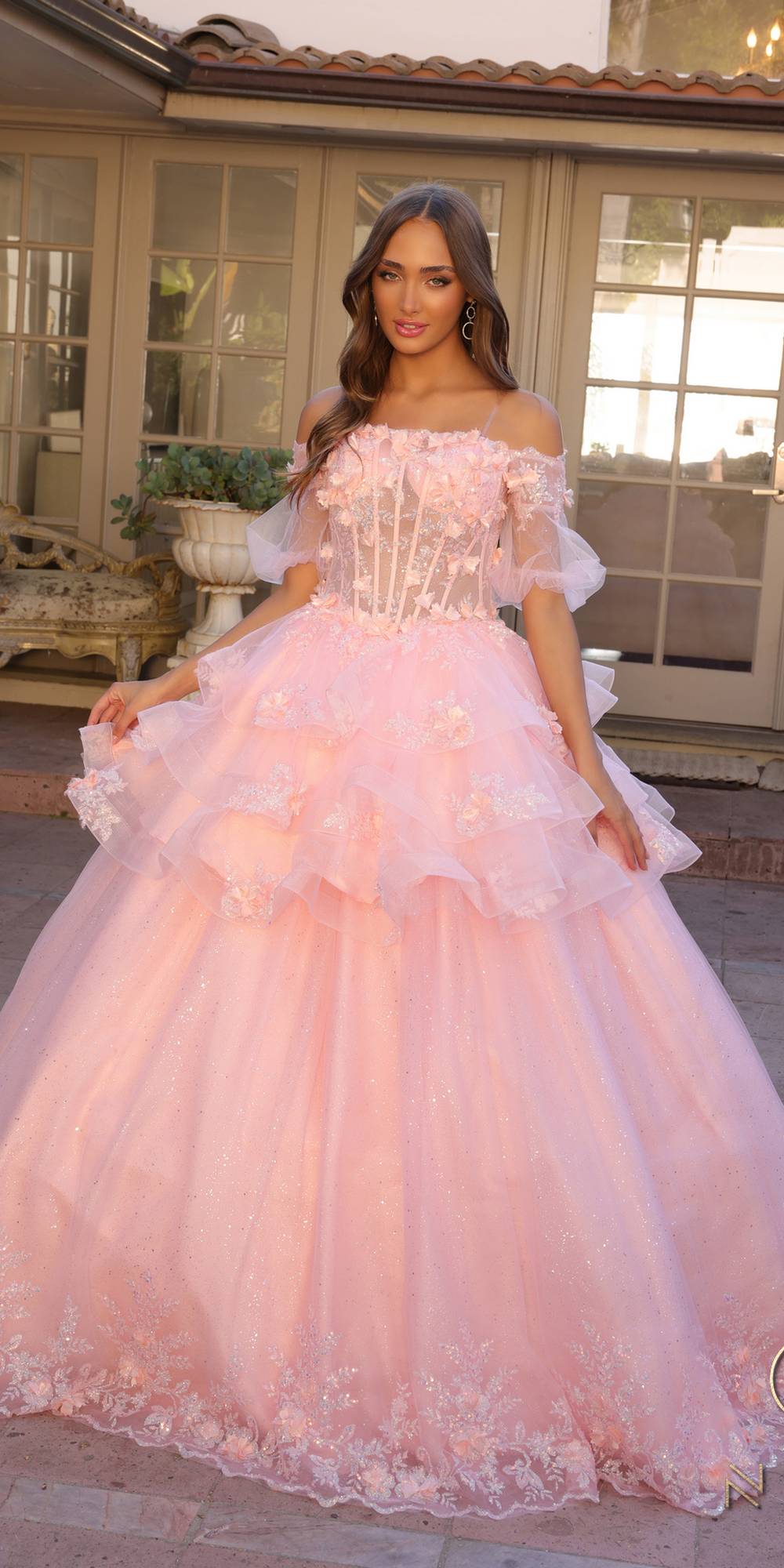 Nox Anabel H1360 Off the Shoulder 3D Floral A-Line Gown Removable Skirt by DiscountDressShop