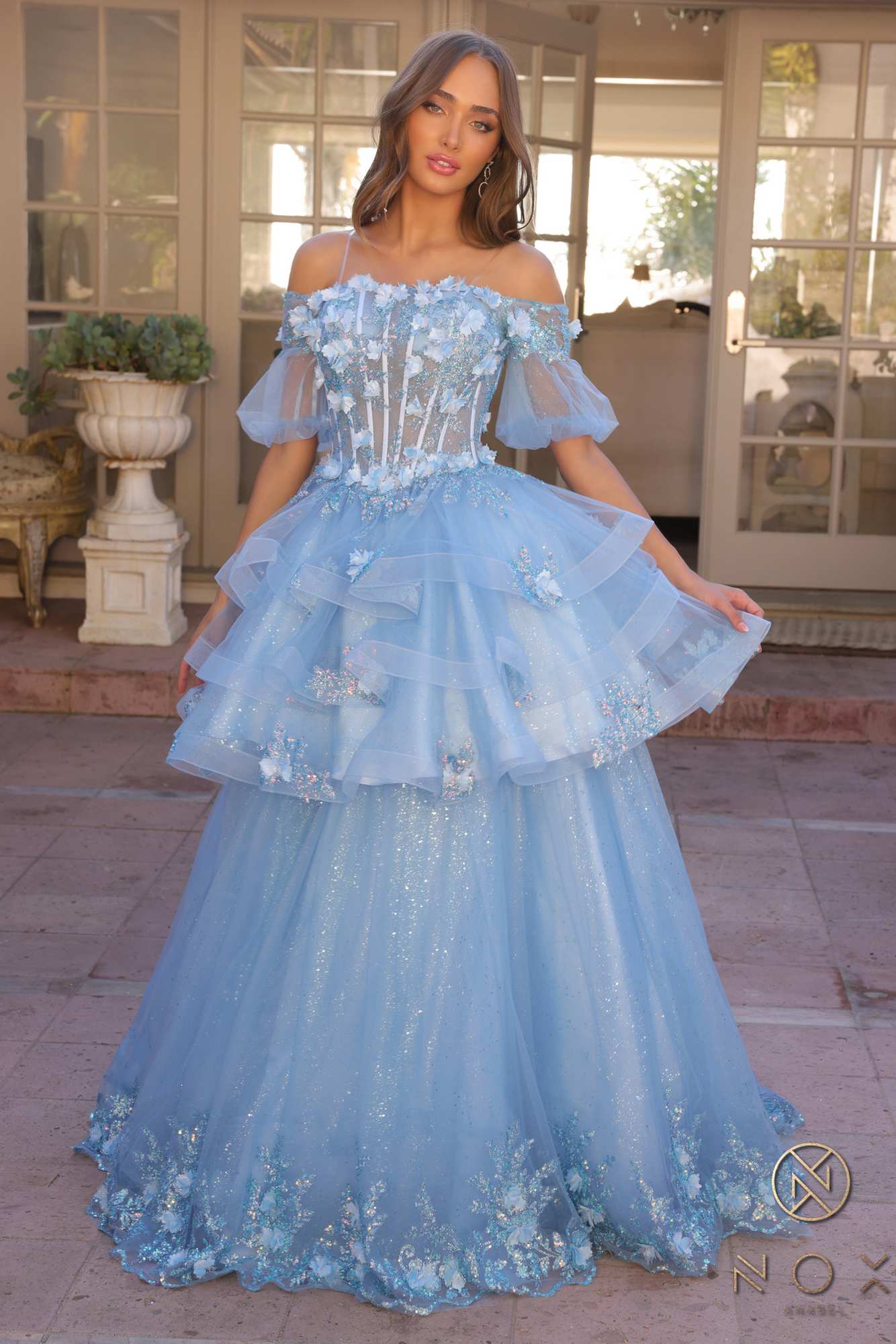 Nox Anabel H1360 Off the Shoulder 3D Floral A-Line Gown Removable Skirt by DiscountDressShop