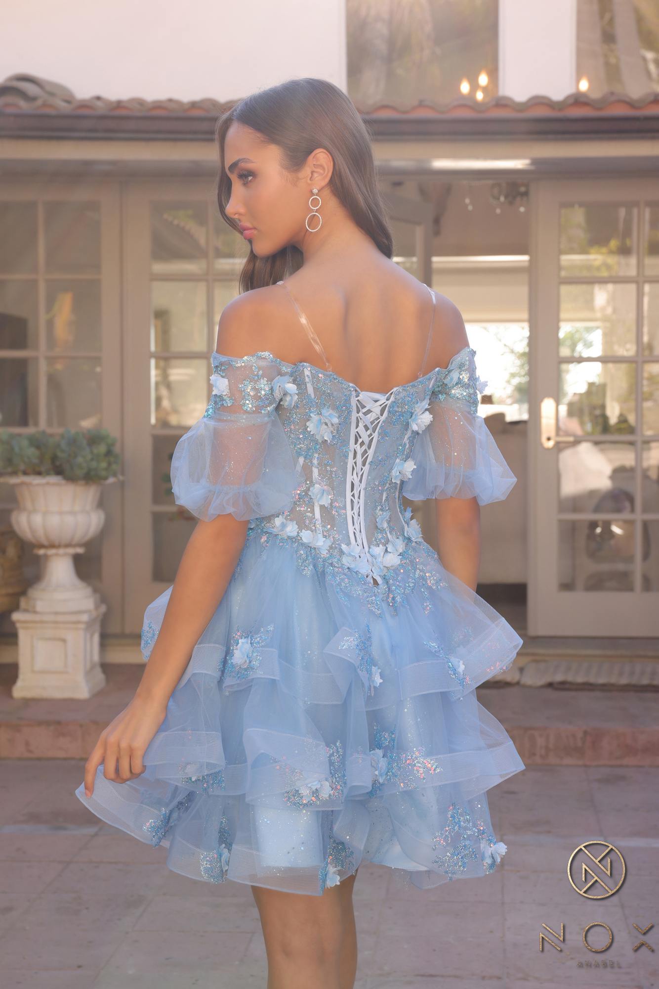 Nox Anabel H1360 Off the Shoulder 3D Floral A-Line Gown Removable Skirt by DiscountDressShop