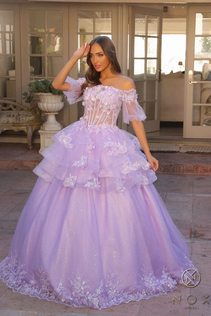 Nox Anabel H1360 Off the Shoulder 3D Floral A-Line Gown Removable Skirt by DiscountDressShop