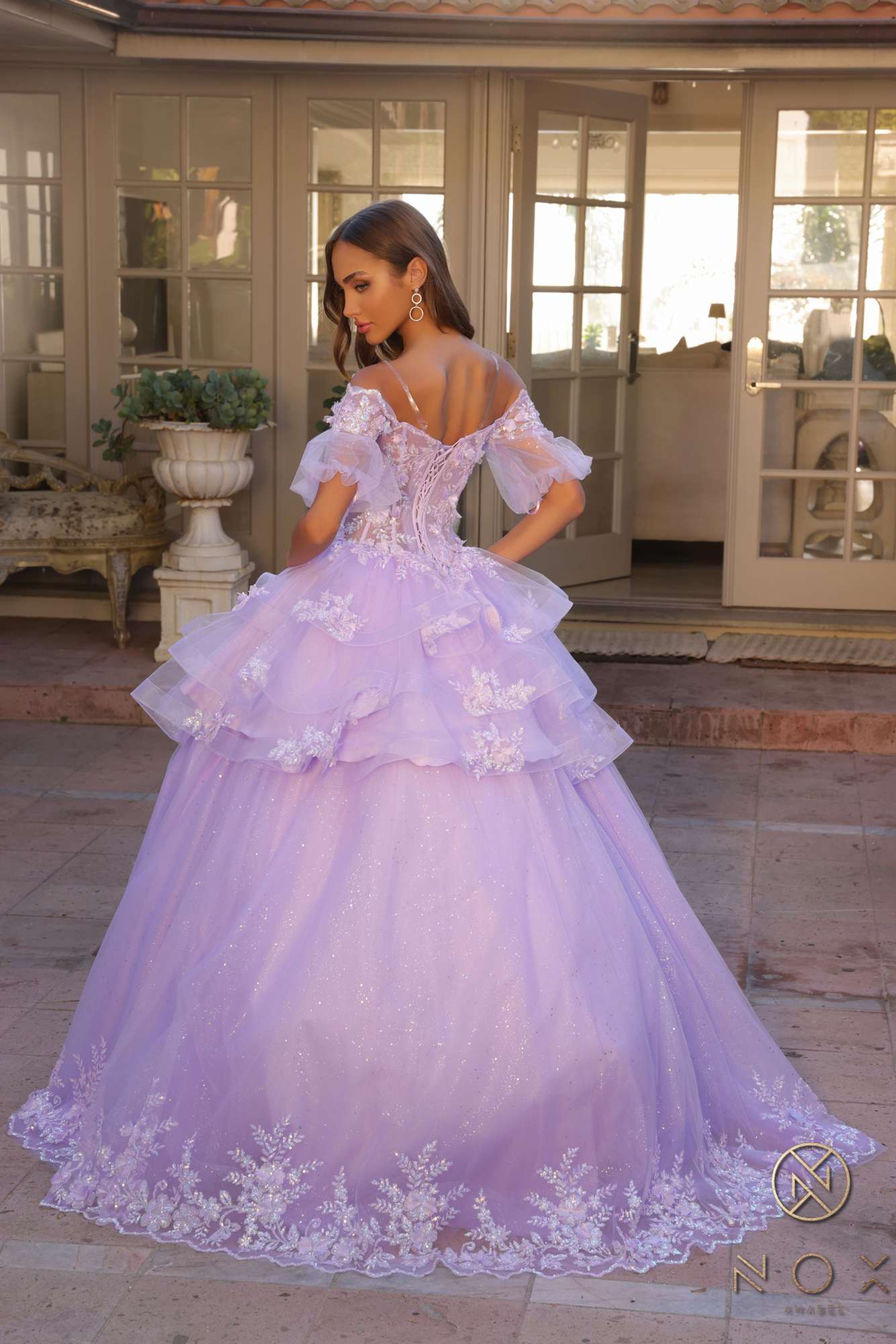 Nox Anabel H1360 Off the Shoulder 3D Floral A-Line Gown Removable Skirt by DiscountDressShop